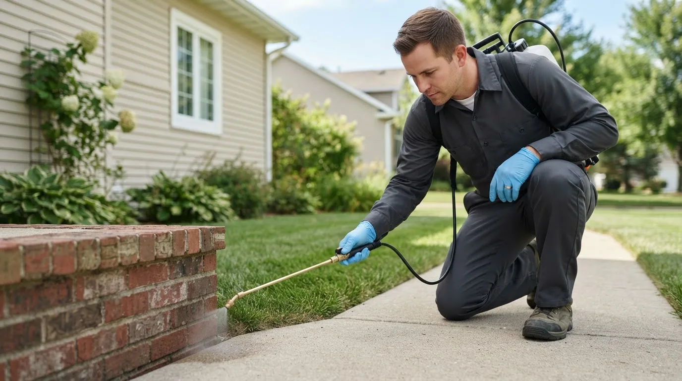Pest control technician treating a home near Davenport Center, NY