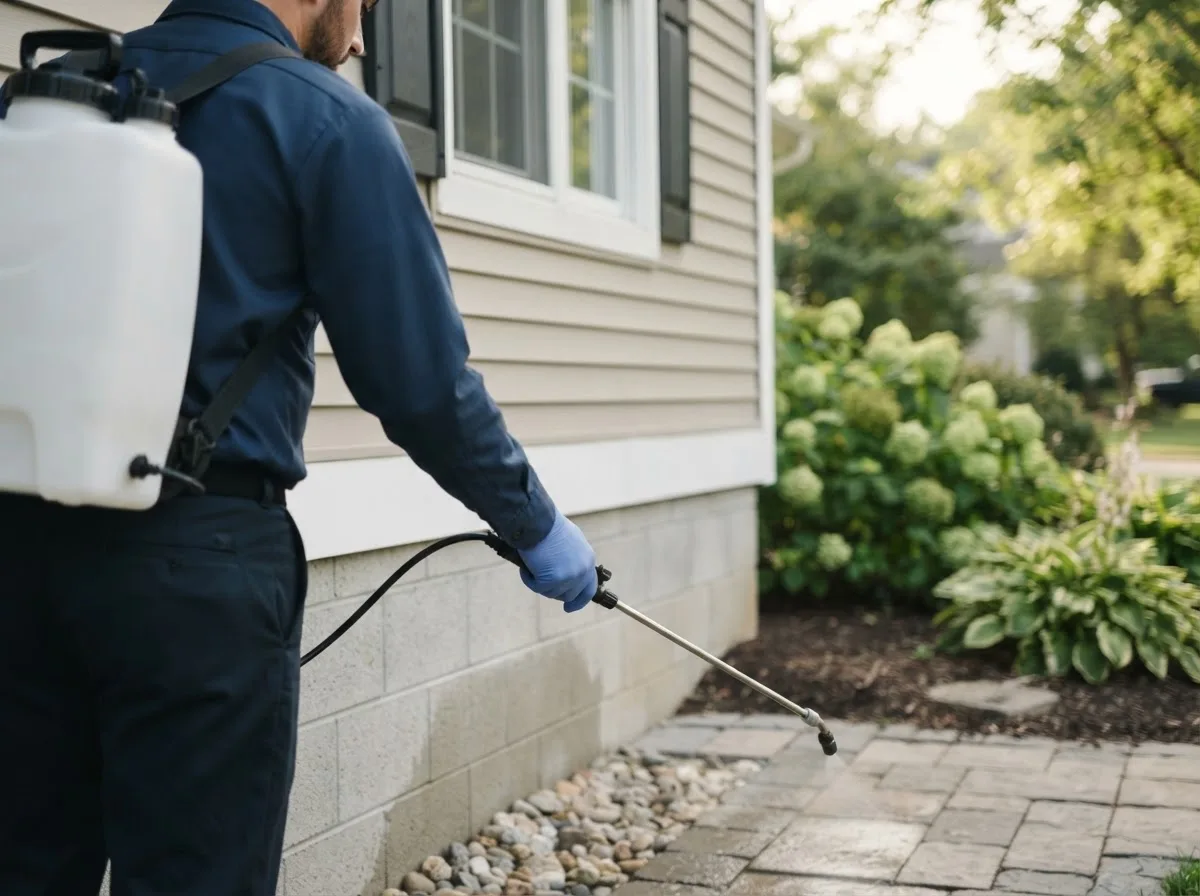 Pest control technician inspecting a home in Davenport Center, NY